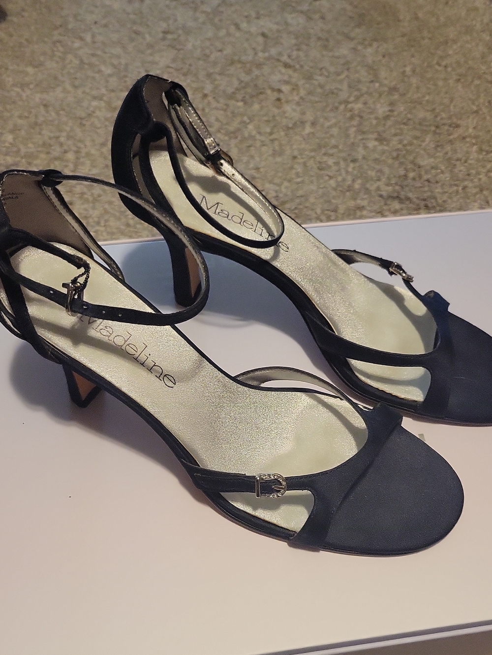 Madeline Black Satin Open-Toe Ankle Strap Heels